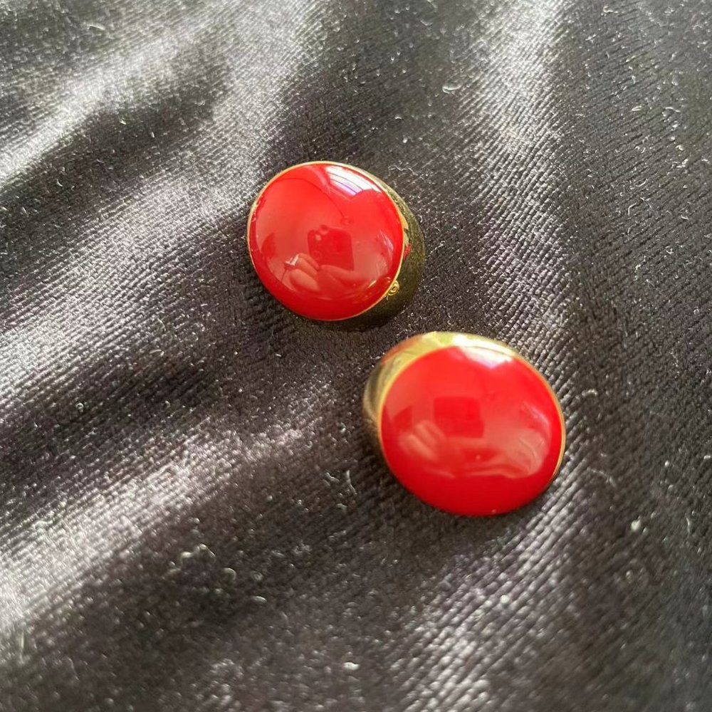 vintage monet gold tone red enamel earrings